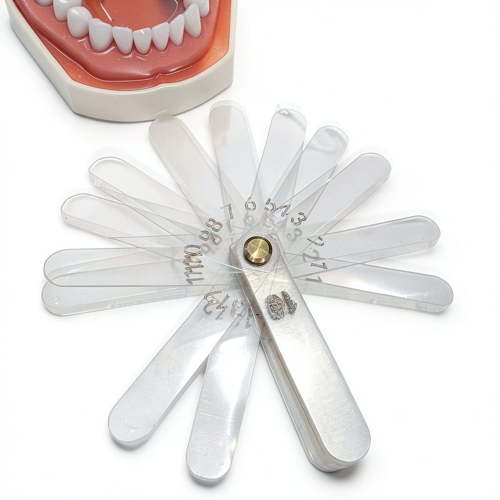 Installing Dental Leaf Gauge Shanghai Shuodi 56 Pieces Autoclavable on a wooden desk