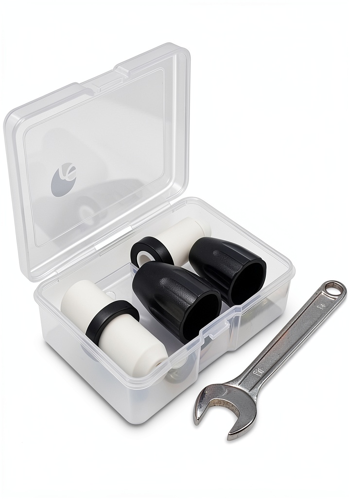Ubiquitous ceramic sandblasting nozzle kit components displayed in storage case