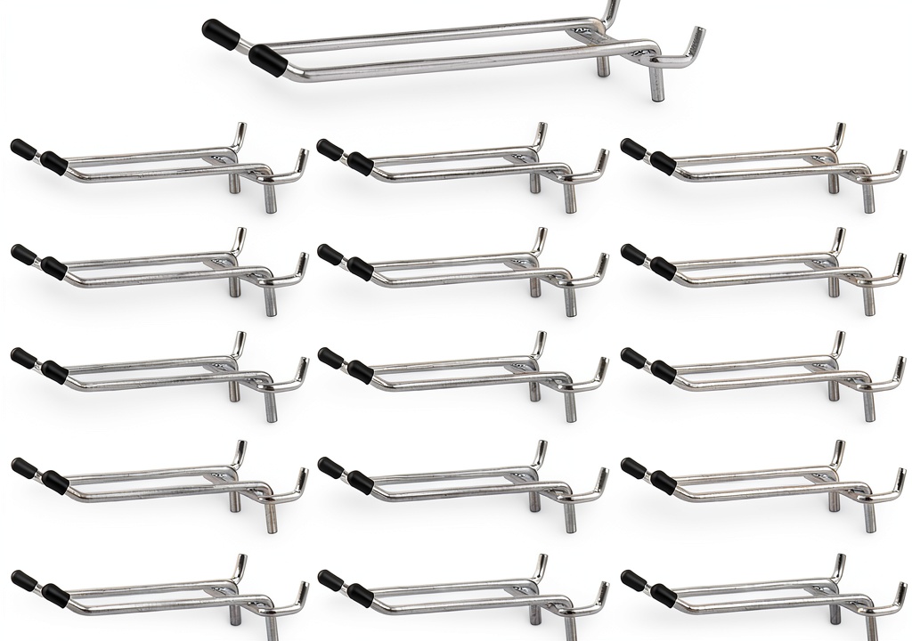 Installing QuZCarious Pegboard Hooks Metal Double Arm Garage Organizer on a metal pegboard in a garage