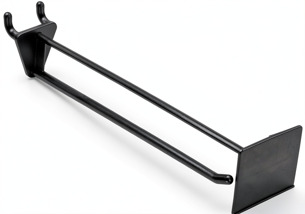 Azar Displays black pegboard hooks installed on a slatwall in a retail setting