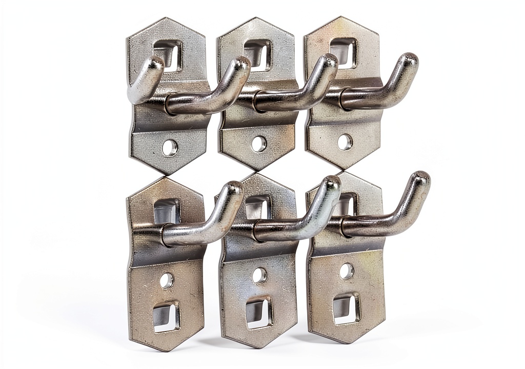 'PRETYZOOM silver pegboard hooks installed on a workshop board'