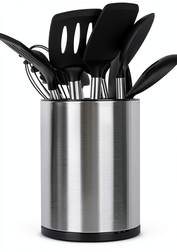 Large stainless steel rotating utensil caddy on a kitchen countertop