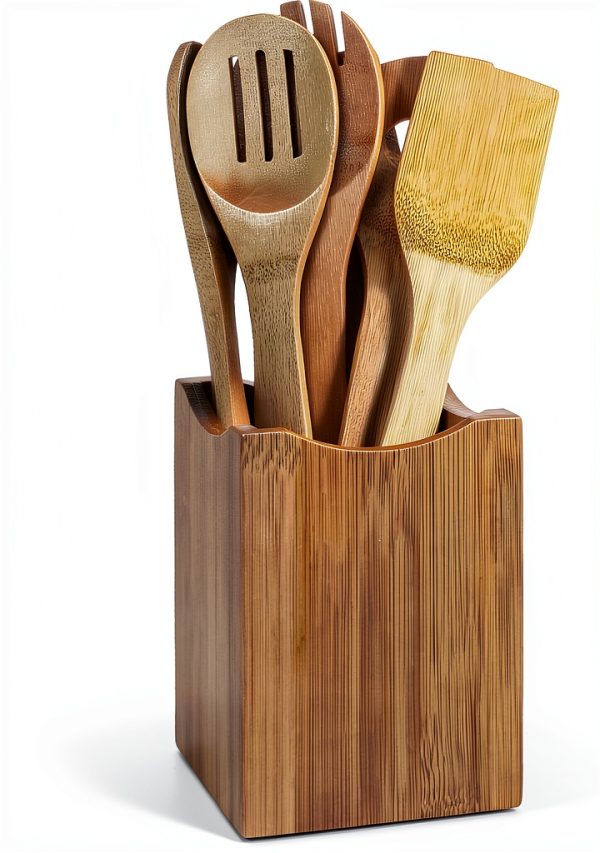 Oceanstar Bamboo Utensil Crock Portable Brown 4x4x6-5