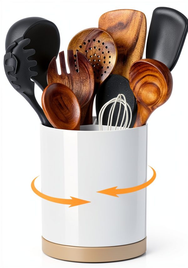 Meolibour 360 Rotating Utensil Holder Melamine 3‑Compartment Crock-0